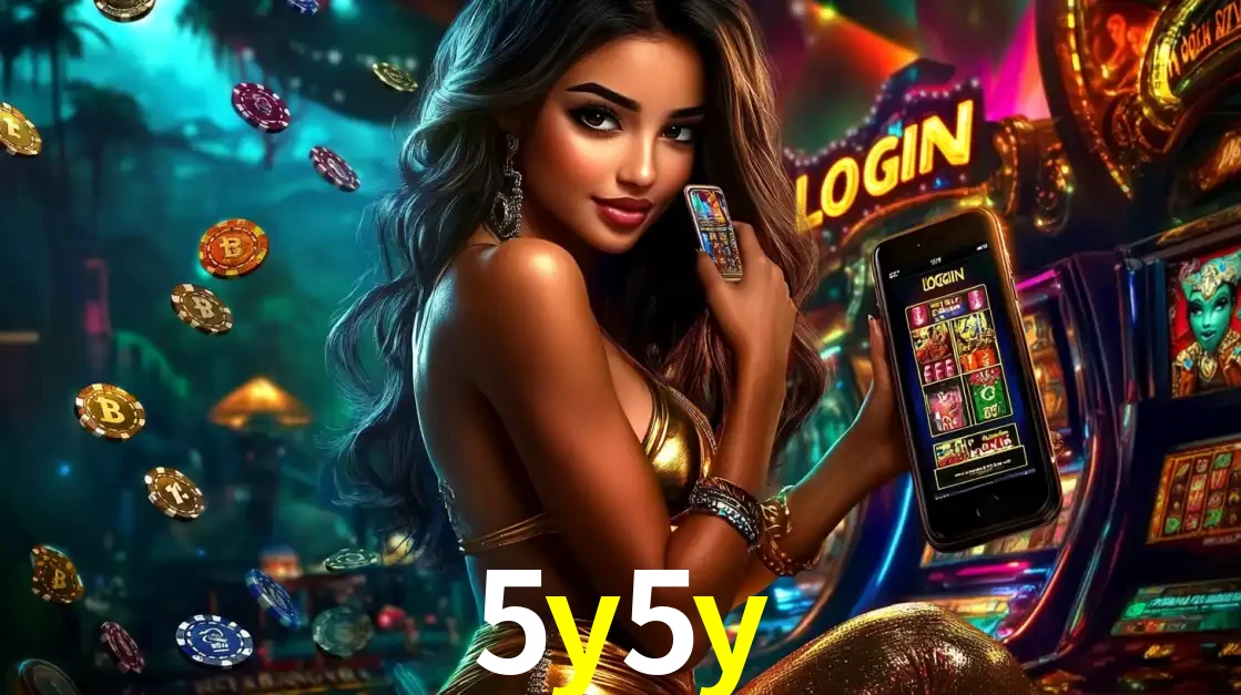 Mulher em um cenário de cassino temático de aventura, mostrando o app de caça-níqueis da 5y5y no celular. Fichas de apostas flutuam ao redor.