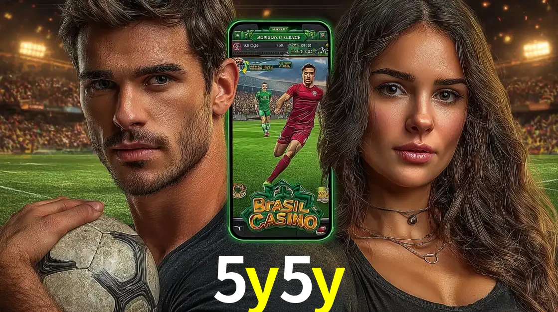 Homem segurando uma bola de futebol e uma mulher ao lado de um smartphone exibindo o jogo de apostas esportivas da 5y5y. Faça seu palpite no cassino online.